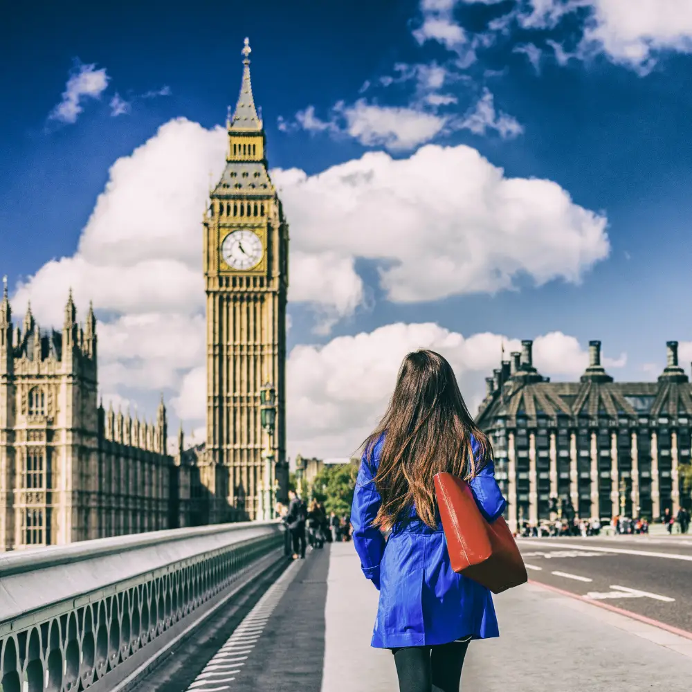 Woman walking in London in front of Big Ben